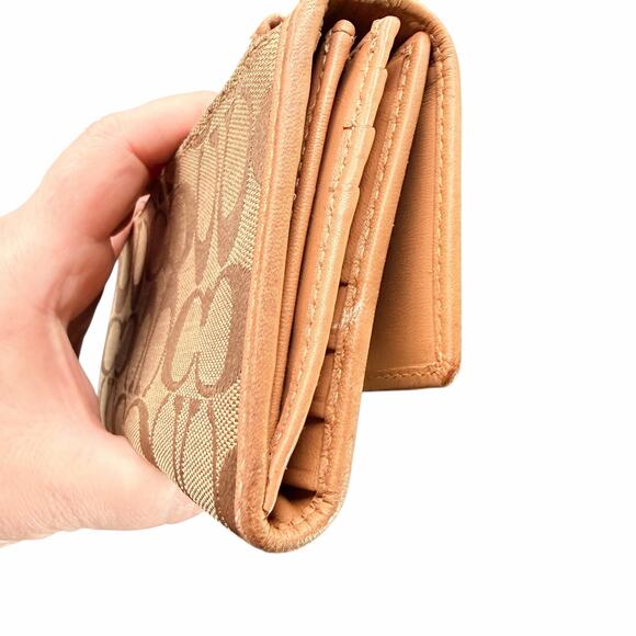 Coach Signature Canvas Tan Leather Trifold Wallet Khaki Beige - Picture 3 of 12